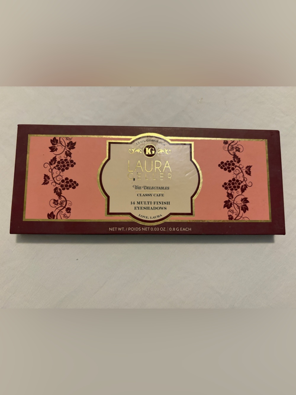 Laura Geller Eyeshadow Palette in Pink and Burgundy Box with Gold Accents